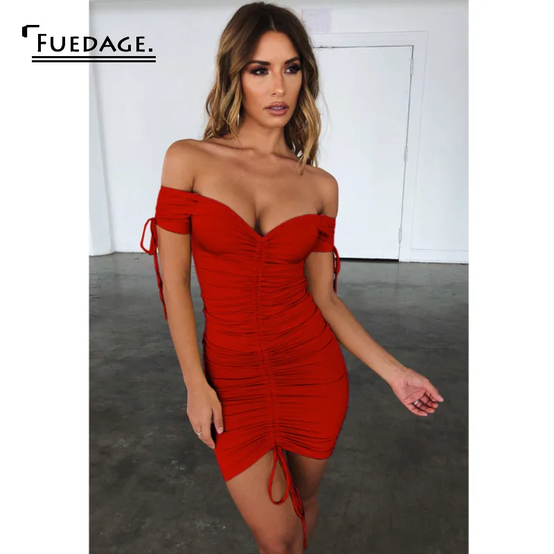 Красное однотонное мини платье Fuedage с рюшами и кулиской женское сексуальное