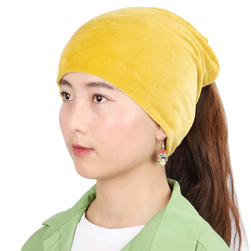 Yellow Тренд, женская зимняя шапка, однотонный теплый шарф, Повседневная бархатная шапка, нагрудник, двойного назначения, женская шапка в горошек, шапка с женскими ушами - Цвет: Yellow