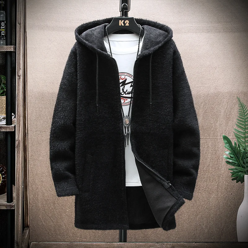 Mid-length Jacket Men's Sweater Fall/winter Hooded Jumper Solid Fleece Thick Warm Male Cold Coat Knitted Hoodie Zipper Cardigan