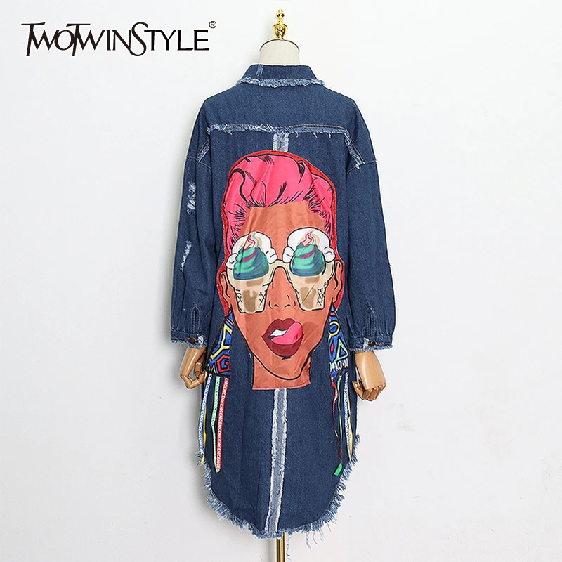 TWOTWINSTYLE Print Cartoon Women's Windbreaker Lapel Collar Long Sleeve Patchwork Tassel Hollow Out Denim Trench Coats 2020 New | Женская