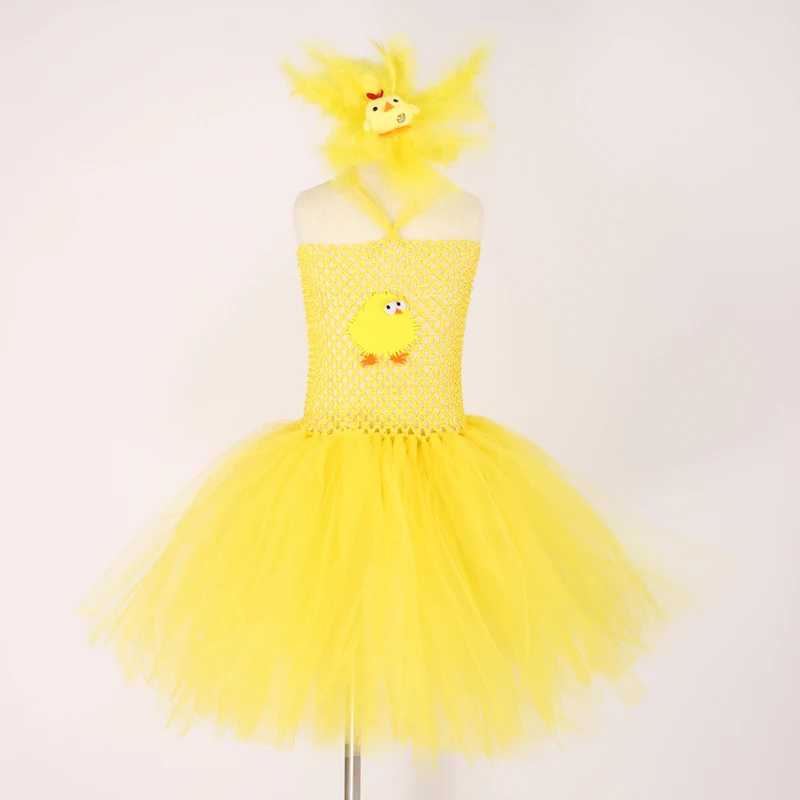 Желтое платье-пачка с изображением цыпленка для девочек; детский праздничный костюм для хеллоуина с изображением животных; детское фатиновое платье с крыльями из перьев