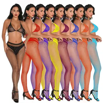 

Sexy Women Hollow Fishnet Lingerie Set Solid Color Rhinestone Decoration Sheer Pantyhose Set Transparent Bra Nylon Bodystocking