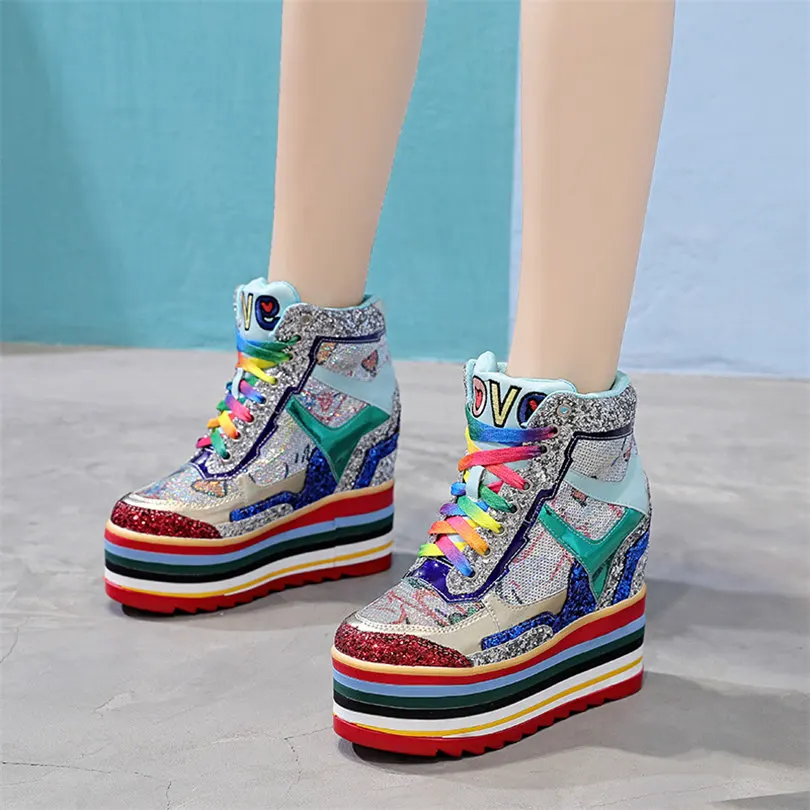 

2020 Women Lace Up Genuine Leather Wedges High Heel Ankle Boots Female Shiny Glitter High Top Chunky Platform Fashion Sneakers