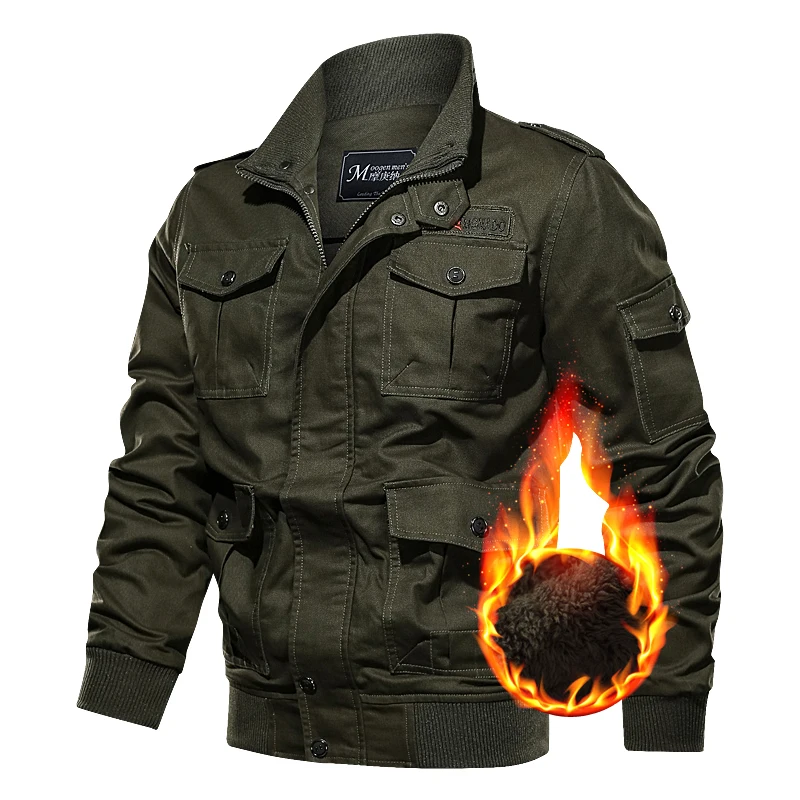 

2019 new Velvet thick jacket fleece winter military tactical men cotton stand collar plus size 6xl casual air force pilot coats