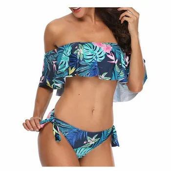 

2020 New Sexy Belt Chest Pad Without Steel Plate Printing Low Waist Bikini Word Shoulder Ruffle Tube Top Swimsuit Bikini