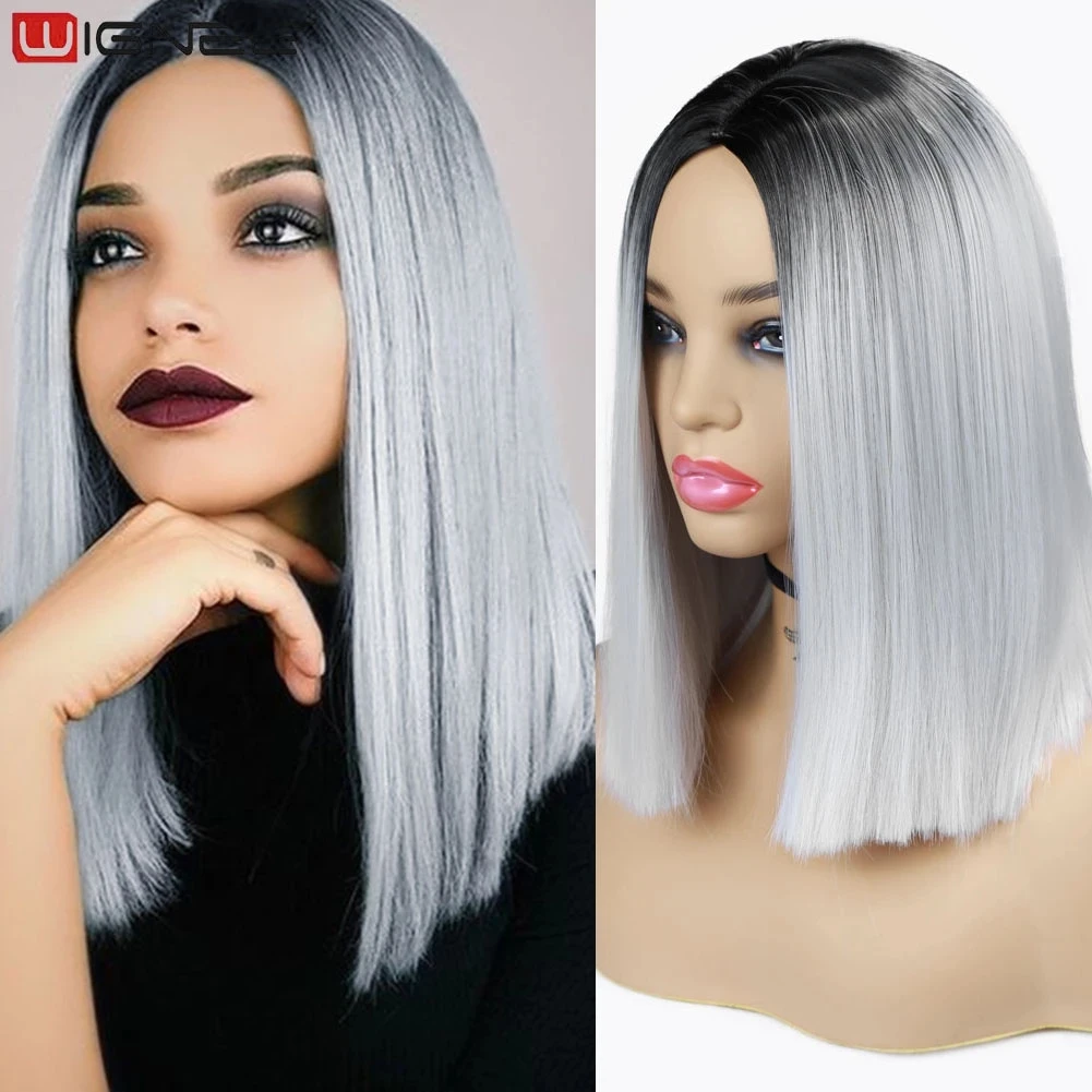 Wignee Synthetic Wig Cosplay Short Hair Wig For White Women Purple Light Gray Straight Wig High Temperature Fiber Daily Life