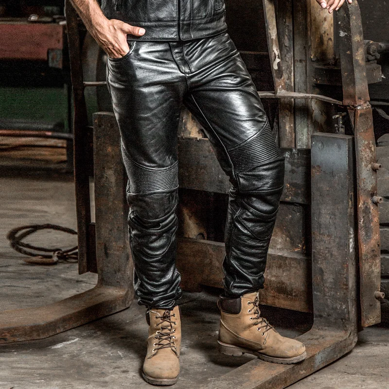 Brand Genuine Leather Long Pants Men's Profession Motorcycle Biker Trousers Slim Fit Cowskin Real Leather Protective Gear Pants