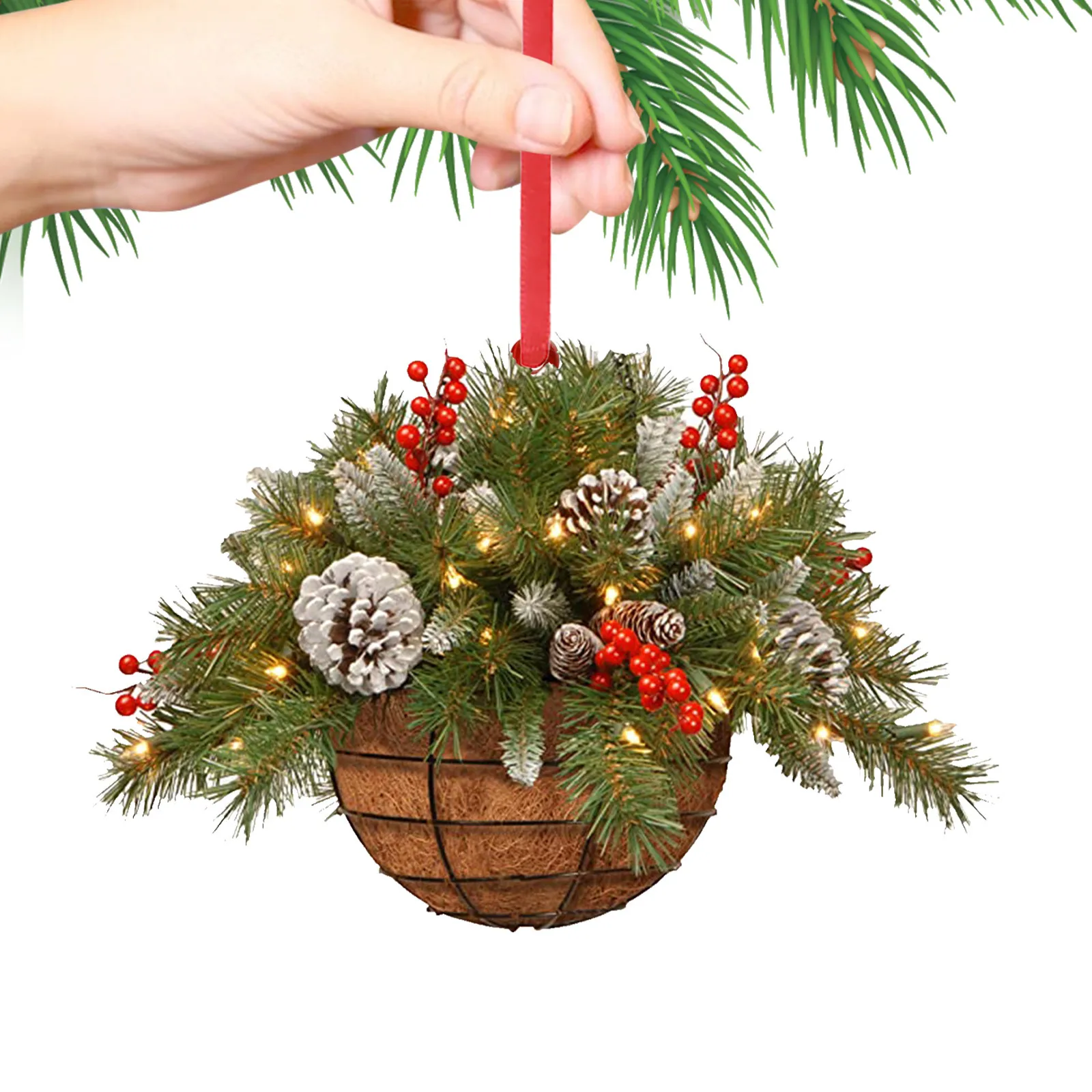 Artificial Hanging Flower Basket Christmas Pendant 2D Green Red Wreath Plant Xmas Tree Ornaments Merry Christmas Decoration Noel