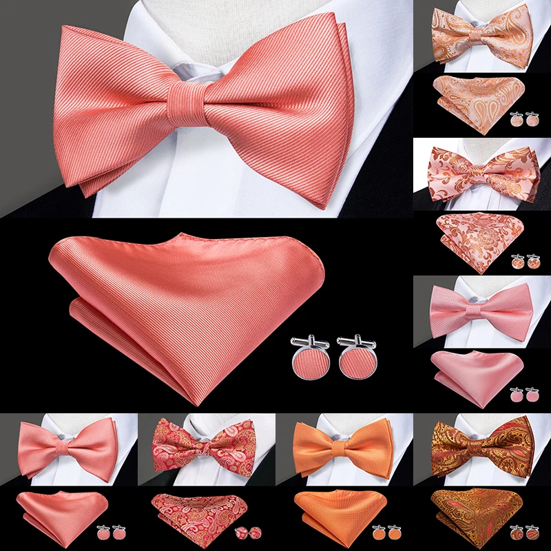 Conjunto de gemelos cuadrados de bolsillo para hombre, pajarita de color Coral, rosa, melocotón, 100% de seda, para boda|Corbatas y de hombres| - AliExpress