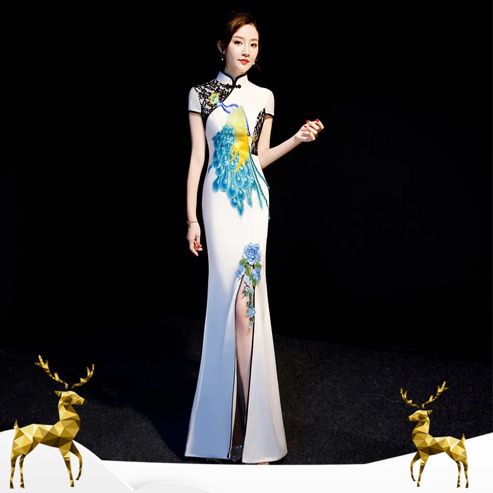Sexy Lace peacock flower embroidery Standing collar Improved cheongsam Qipao Evening Dress Vestidos