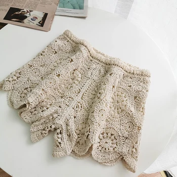 

lace hollow out women shorts summer high waist solid ruffles knitted sweet all match female shorts top quality