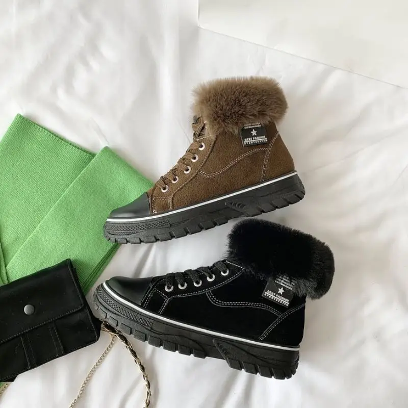 FITWEE Women Ankle Boots Winter Keep Warm Fur Flats Shoes Women Casual Lace Up Round Toe Fashion Party Short Boots Size 35-39