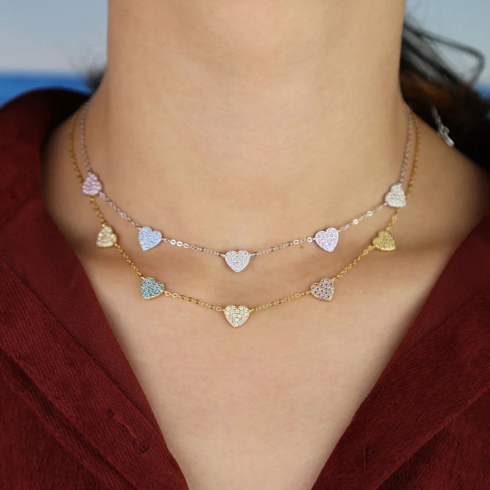 Ожерелье в форме сердца из стерлингового серебра 925 пробы, разноцветное cz, Многокомпонентное ожерелье в форме сердца, цепочка в форме сердца, подарок на День святого Валентина для девушки, модное ювелирное изделие