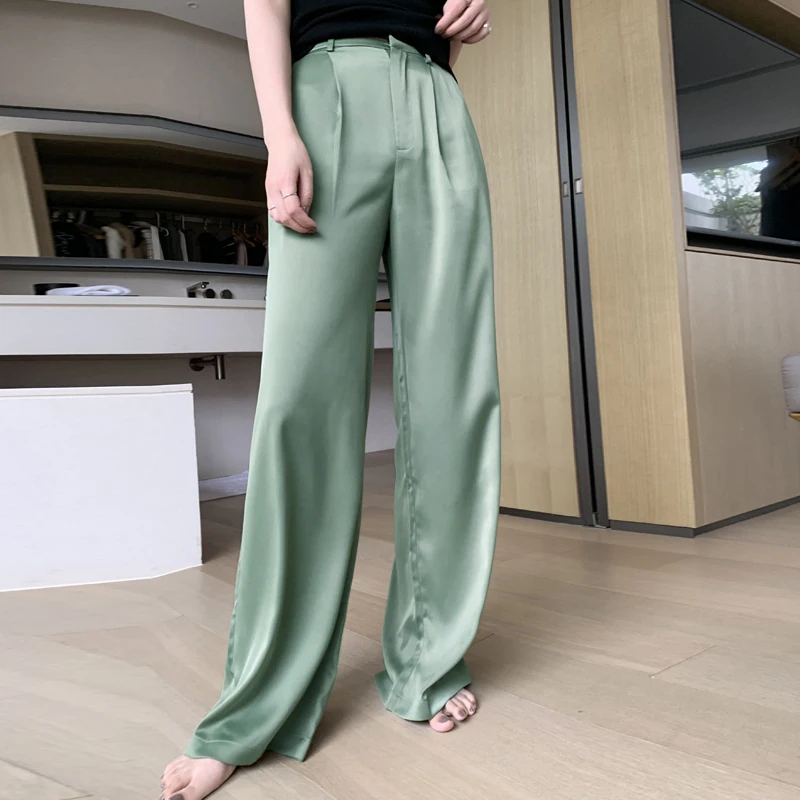 Office Ladies Elegant High Waist Wide Leg Pants New Spring Summer Female Slim Satin Full Length Pantalon Trousers For Women Office Ladies Elegant High Waist Wide Leg Pants New Spring Summer Female Slim Satin Full Length Pantalon Trousers For Women