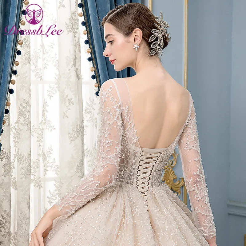 DressbLee New Listing Champagne Weeding Dresses Plus Size Long Sleeves Backless Lace-Up Bridal Dress Long Train Wedding Gown