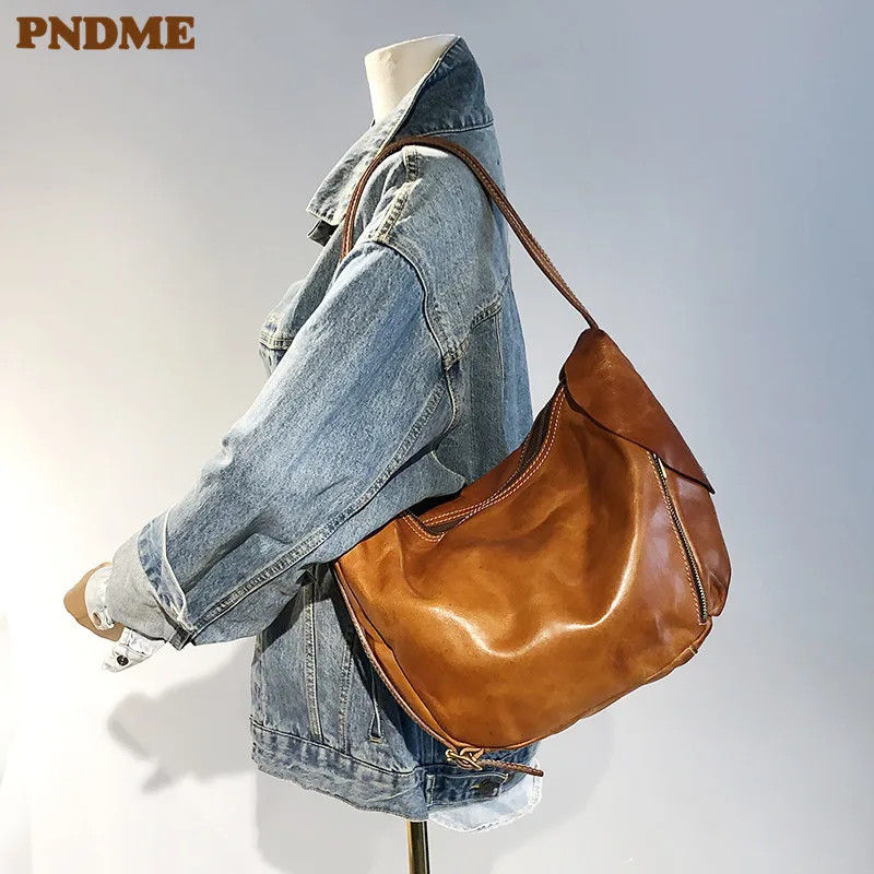 

PNDME luxury vintage genuine leather ladies underarm dumpling bag weekend daily natural real cowhide women fashion shoulder bag