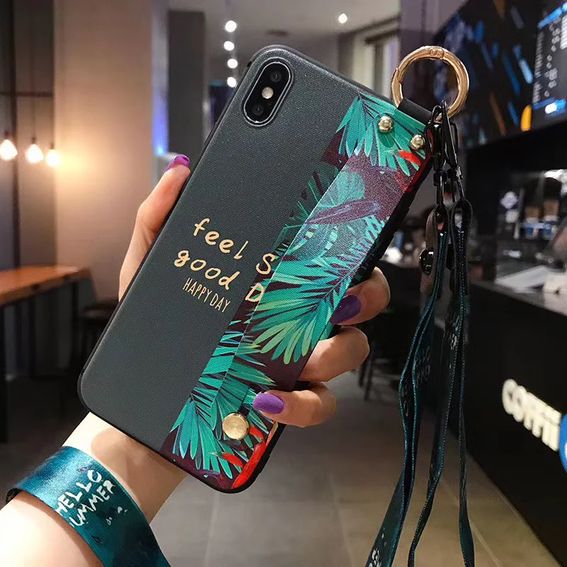 Красивый чехол для iphone 7 8 plus 6 6s X Xs max XR 11 pro SE из мягкого ТПУ с ремешком на запястье