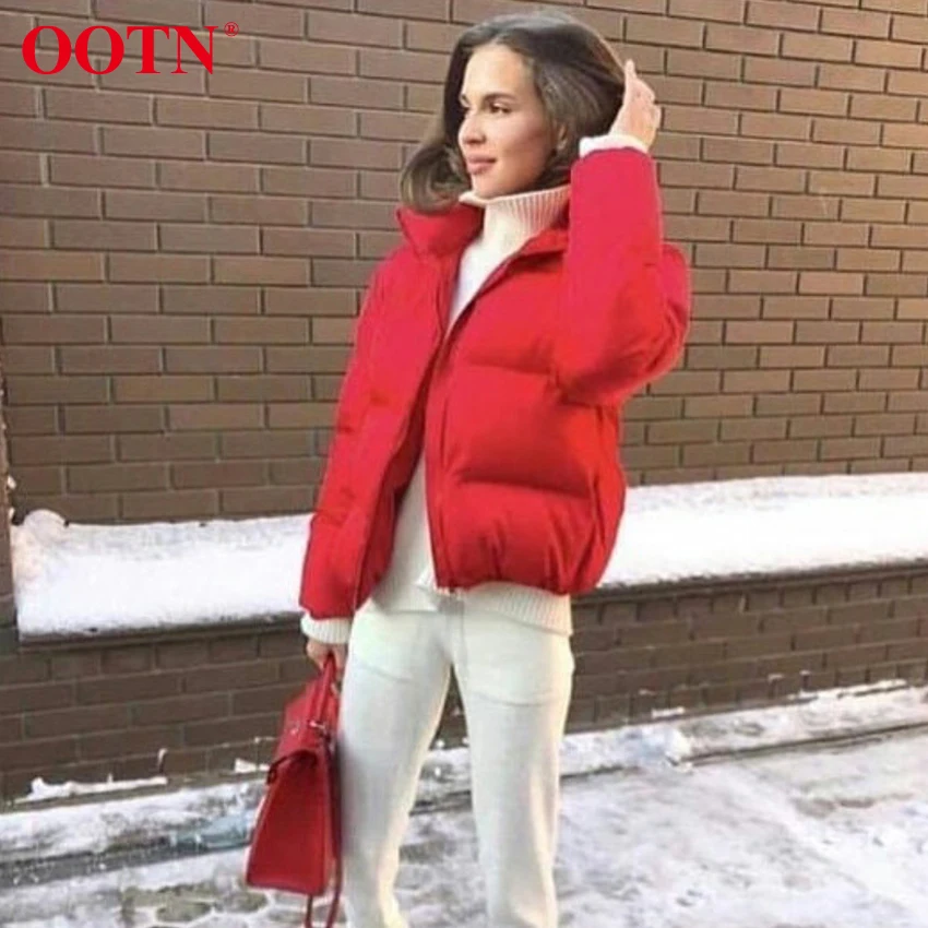 OOTN, зимняя женская куртка, плюс размер, на молнии, Короткие пальто, со стоячим воротником, стеганые пальто и куртки, женская верхняя одежда, толстая, теплая, Черная