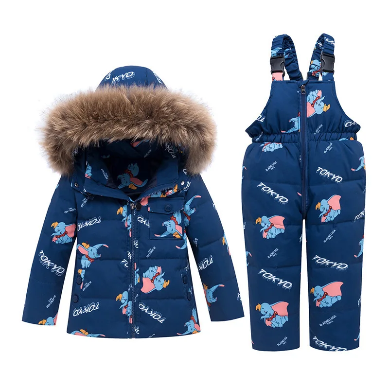 Kids Winter Down Parkas New Girls Ski Suits Cotton Cartoon Thick Warm Hoodies+bib Pants 2pcs Outfits For Boys Children Snowsuit