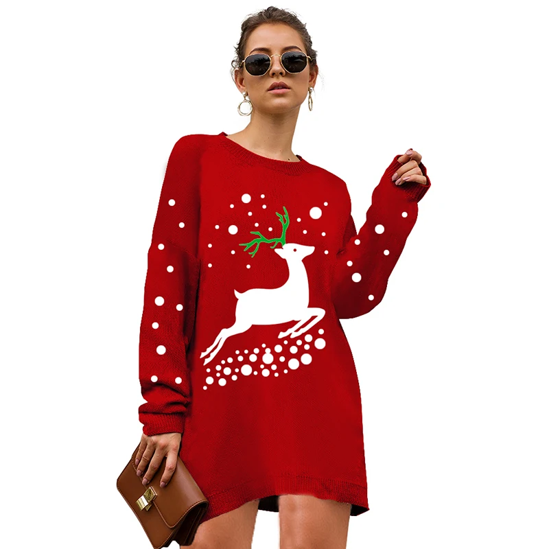 Nadafair теплое трикотажное леопардовое Платье Зима Рождество Свободные повседневные платья размера плюс женский свитер - Цвет: Red Elk