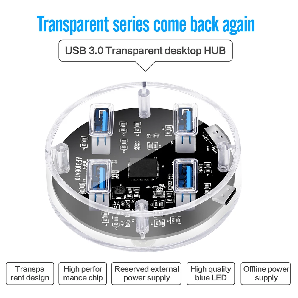 4 порта USB3.0 прозрачный Настольный концентратор с резиновой противоскользящей