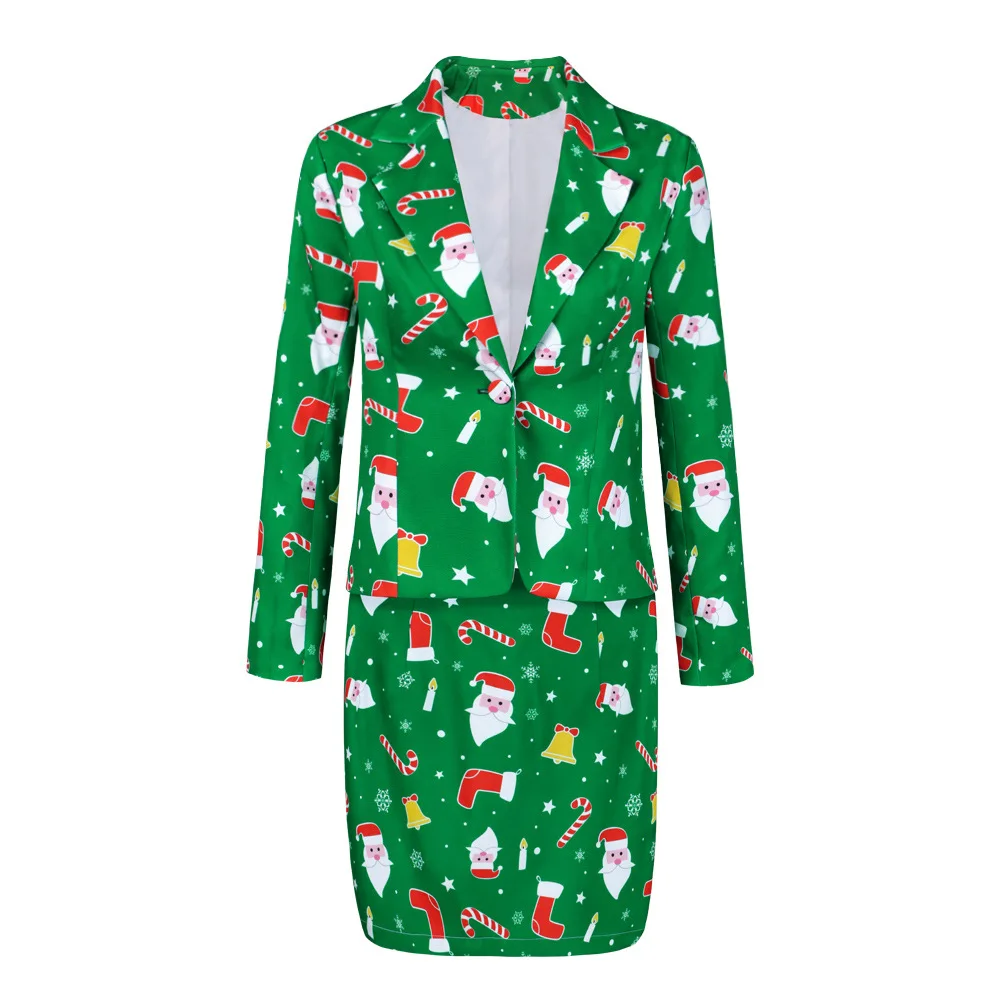 E Осенне-зимний женский костюм с юбкой, Рождественский жакет с принтом, маленький костюм, Модный комплект, Женский блейзер, юбка, комплект из 2 предметов, юбка, куртки - Цвет: E