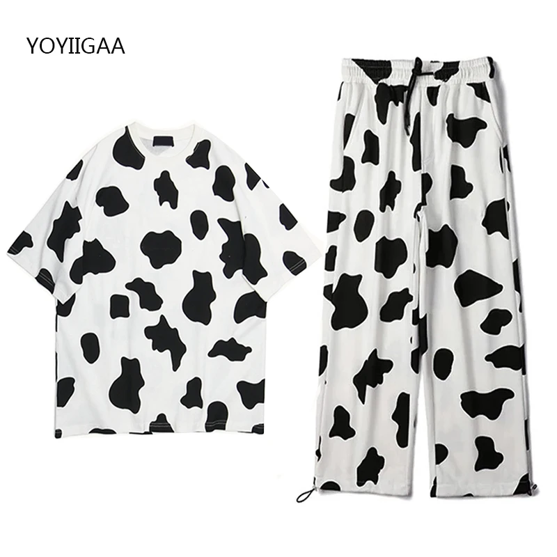 Cow Printed Summer Women's 2 Piece Set Sportswear Suits Casual Short Sleeve Ladies Girls Two Piece Sets Fashion Sport Pant Suits tie dye tracksuit set