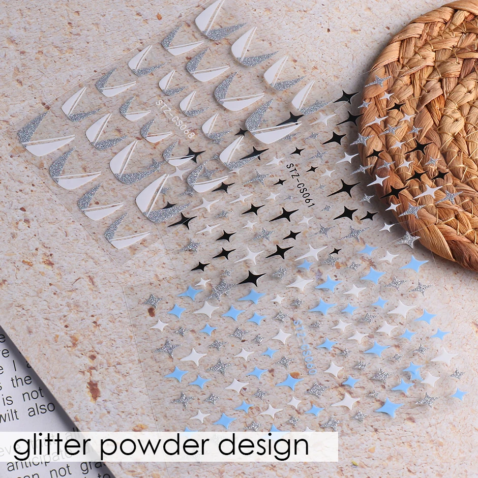 Nail Stickers French Line Sparkly Oblique Strip 3D Creative Geometry Star Manicure Tips Decorations