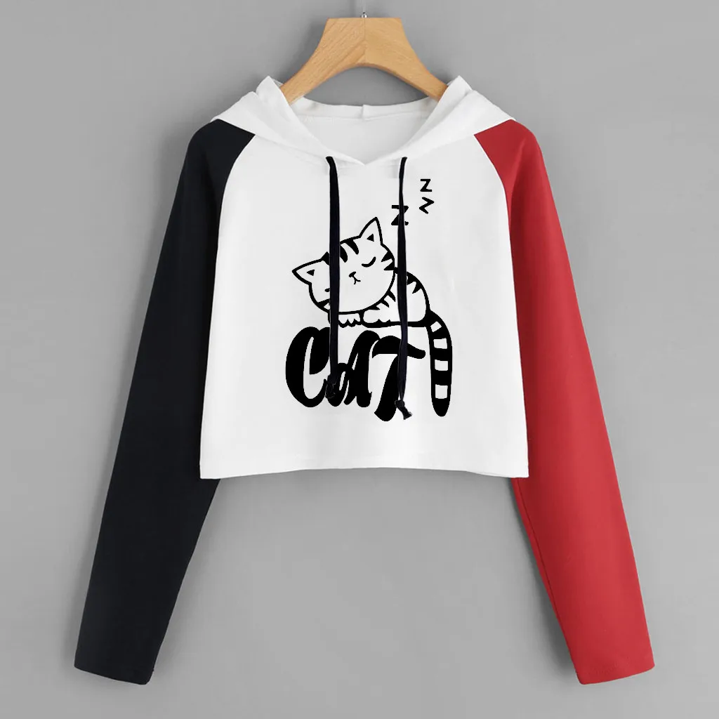 JAYCOSIN Women Sleepy Cat Letter Print Sweatshirt Splicing Short Slim Joker Sweatshirt Fashion Autumn Winter Daily Clothing Sale