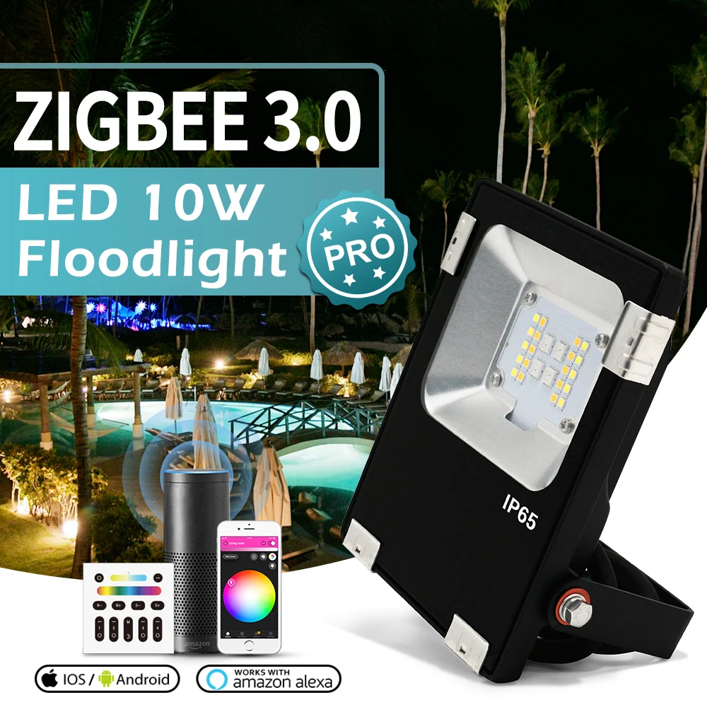 

GLEDOPTO 10W Smart ZigBee 3.0 RGBCCT Floodlight Pro 700LM Outdoor Lights IP65 waterproof Works with Amazon echo plus SmartThings