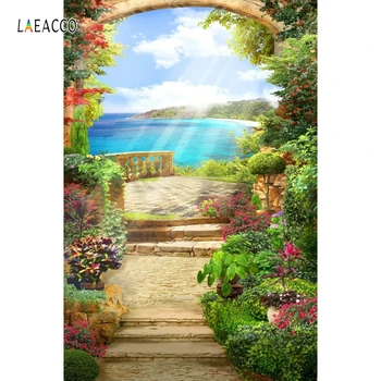 

Laeacco Flowers Garden View Platform Arch Sea Landscape Photography Backgrounds Vinyl Custom Backdrops Props For Photo Studio