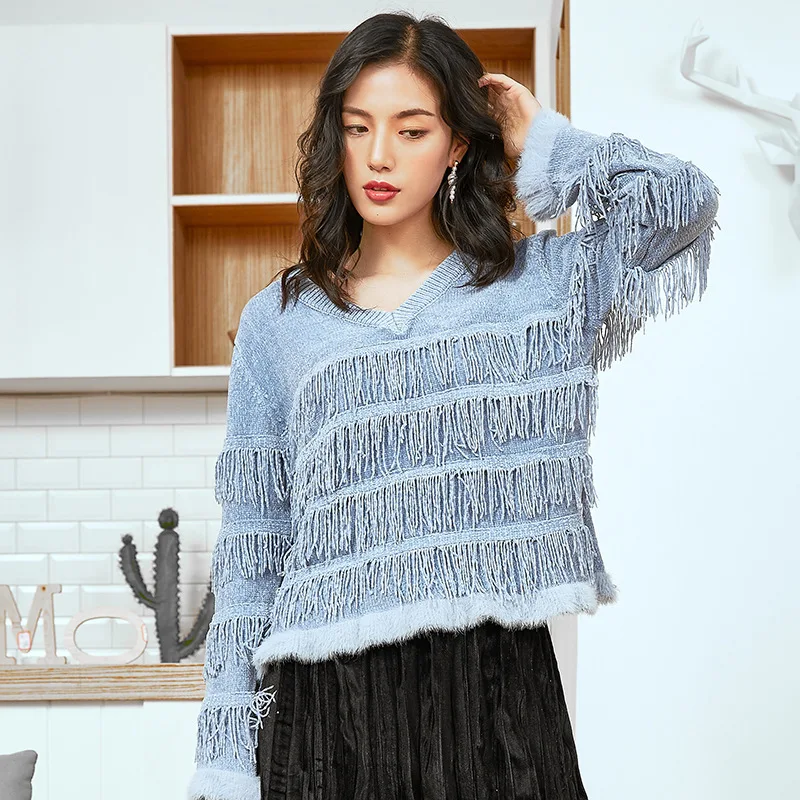 

Autumn 2019 New Women Sweater Pure Colour Top V-necklace Loose Sweater Pullover Women