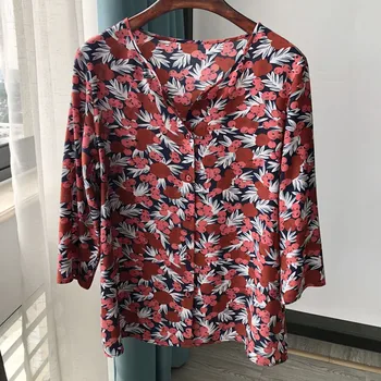 

New Viscose Women's Blouse O-neck Lady Spring And Summer Sweet Print Vintage Female Short And Top With Buttons