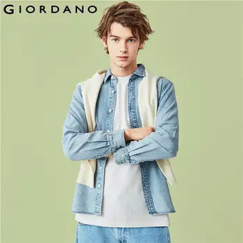 

Giordano Men Shirts Single Patch Pocket Classic Turn Down Collar Denim Shirts Regular Fit Solid Camisa Masculina 01040120