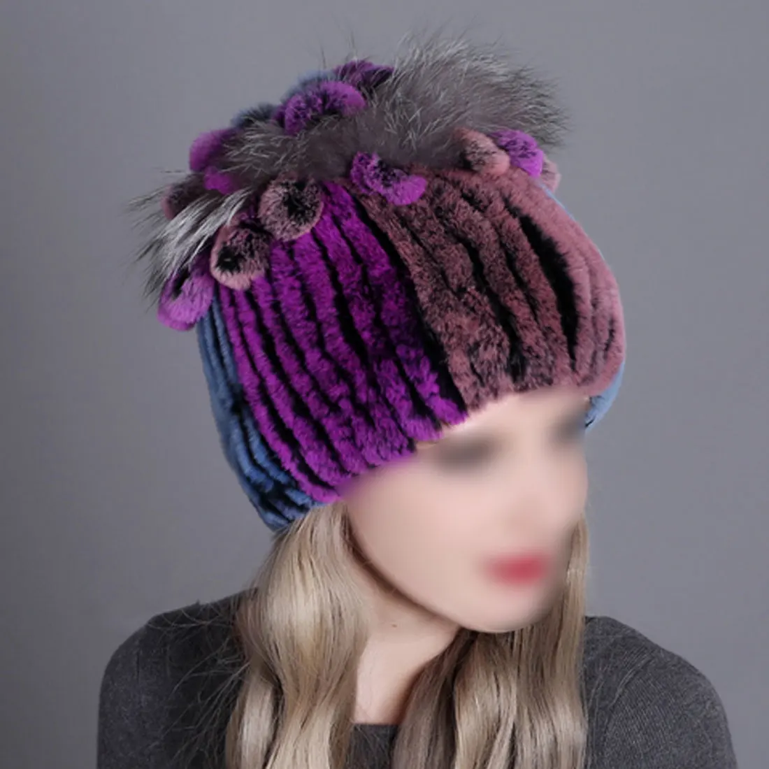 Winter knitted beanie hat warm thick autumn and winter round hat rabbit fur knitted hat women fur real wool warm