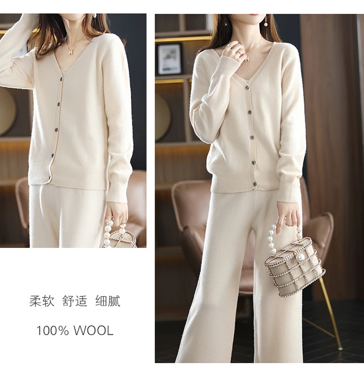 New ladies cardigan 100% pure wool suit V-neck long-sleeved knitted fashion cashmere wide-leg pants suit Autumn and winter S-XXL