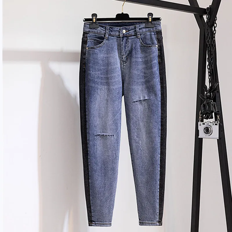 

JUJULAND ladies Color stitching plus size loose casual patchwork jeans hole high waists panelled colour harem pants 1611