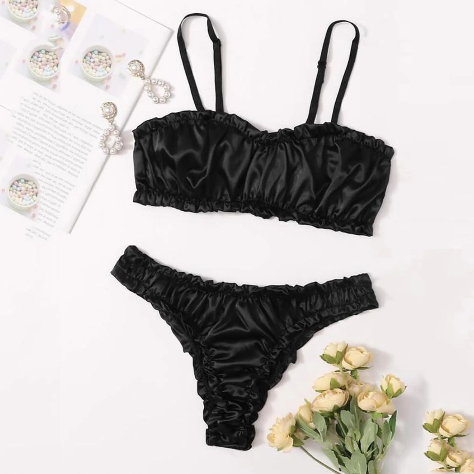 Black Satin Ruched Bra Panties Exotic Sets Women Sexy Lingerie Breathable Thin Summer Nightwear Lenceria Sensual Mujer | Тематическая