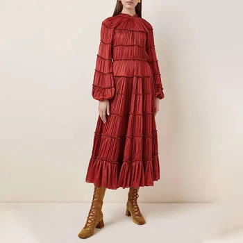 

Vintage Designer Women Cascading Ruffle Dress Elegant Long Sleeve Pleated Dresses