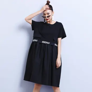 

LANMREM 2020 New Spring Summer Round Collar Short Sleeve Pullover Dress Women Vintage Loose Big Size Mid-length Tops PD908
