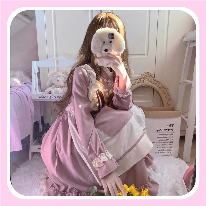 

Japanese Sweet Soft Girl Dress New Autumn Fake Two Piece Ruffle Pink Kawaii Dress Cute Puff Sleeve Lolita Full Sleeve Lady Dress