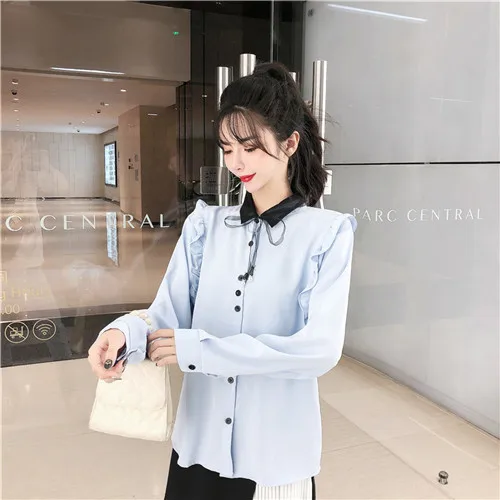 blue top Новые шифоновые рубашки на шнуровке с длинными рукавами топ+ Асимметричная юбка с завышенной талией, комплект для офиса, Женская рабочая одежда комплект с юбкой на пуговицах - Цвет: blue top