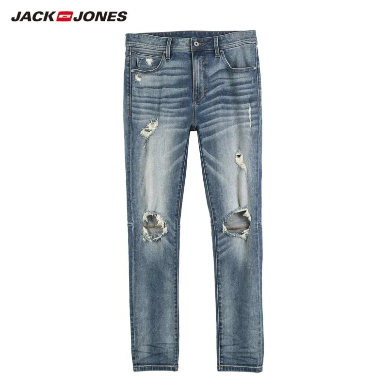 DENIM BLUE JackJones мужские уличные потертые обтягивающие джинсы, рваные брюки, мужская одежда 219132603 - Цвет: DENIM BLUE