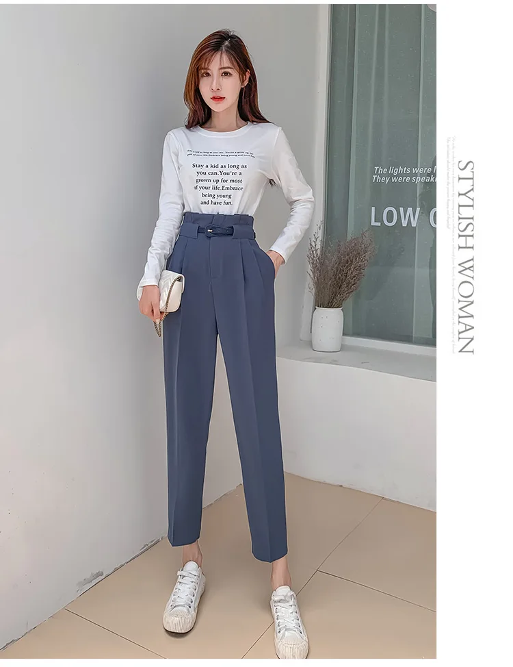 REALEFT Autumn Korean Casual Women Pants with Belt Female Work Wear Pants High Waist Trousers Office Lady New Trousers