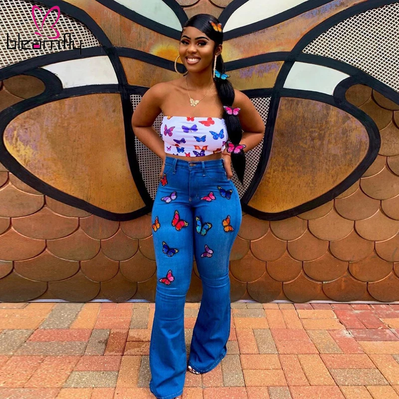 

Autumn Women Embroidery Butterfly Trousers High Waist Casual Zipper Skinny Flare Long Jeans High Street Wear Denim Elegant Pants