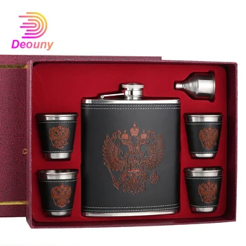 

DEOUNY 8/16OZ Russian Hip Flask Set Leather Shell CCCP Gifts Alcohol Flasks Stainless Steel Vodka Whisky Rum Bottle Drinkware