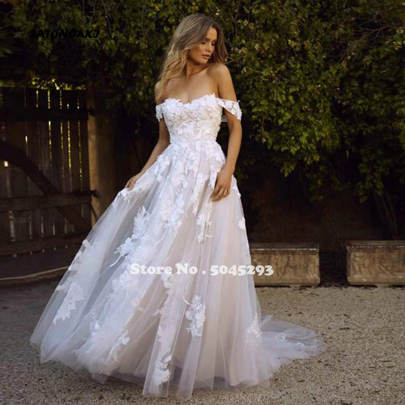

SATONOAKI Lace Wedding Dresses 2020 Off The Shoulder Appliques A Line Bride Dress Princess Wedding Gown Robe De Mariee