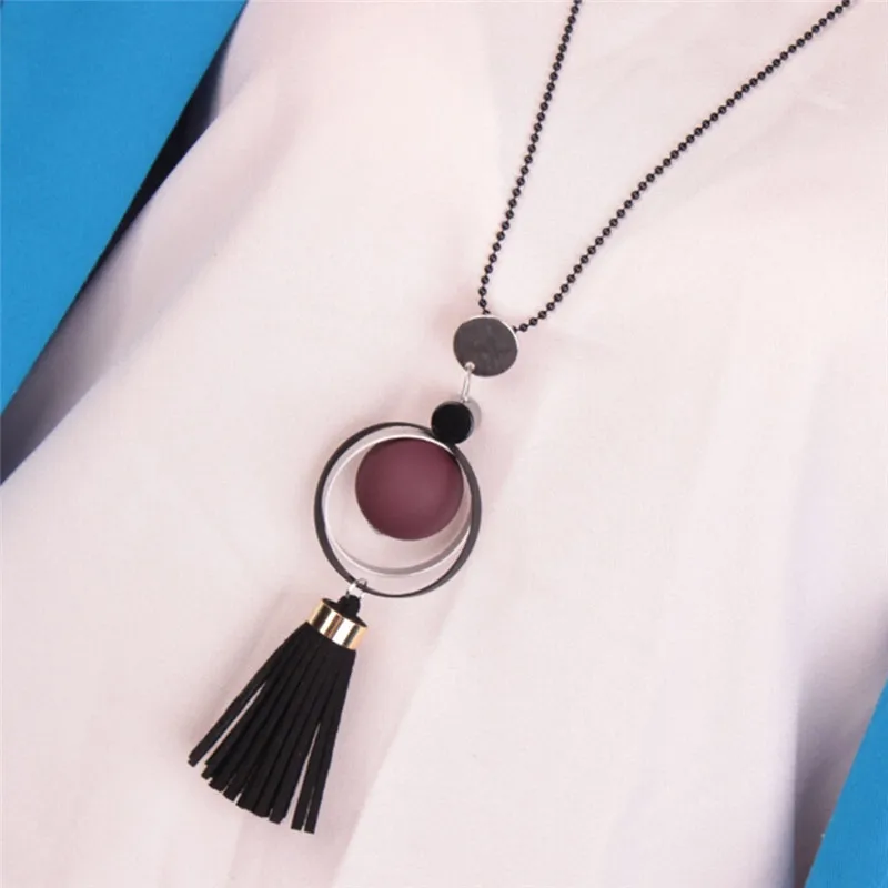 Pinksee New Fashion Jewelry Round Wood Beads Crystal Tassel Statement Necklaces &amp Pendants Women Long Sweater Necklace | Украшения и