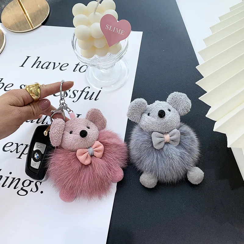 Женская маленькая игрушка мышь брелок из меха пушистый помпон лисьего подвеска