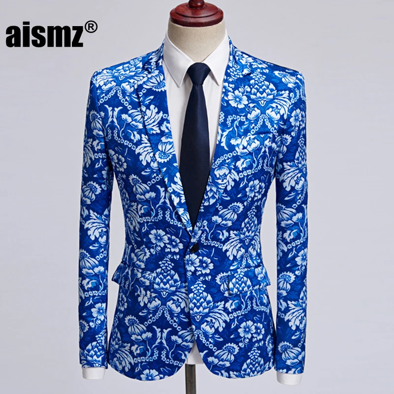 14 Flat collar Aismz мужской модный синий цветочный принт Повседневный блейзер дизайн 5XL размера плюс Свадебный Жених сценический певец костюм прилива костюм куртка - Цвет: 14 Flat collar